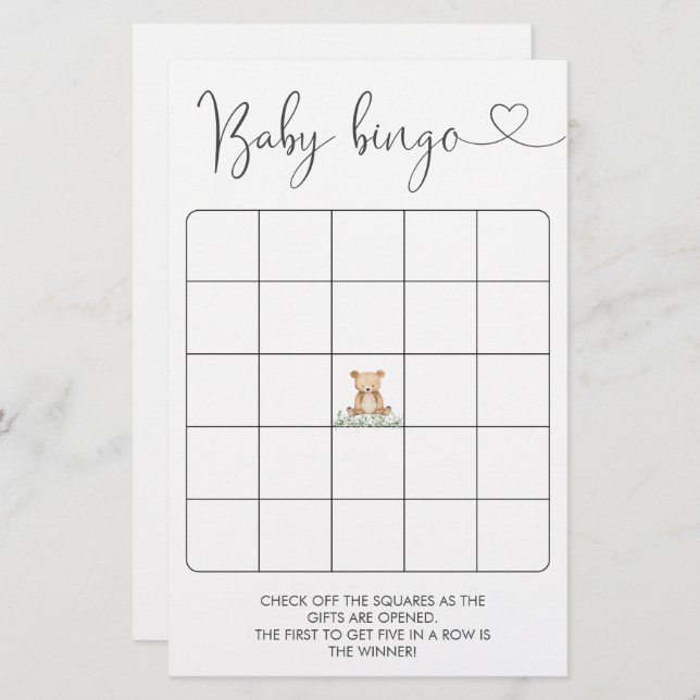 Lámina Greenery Teddy Bear Juego de Bingo Baby Shower (Anverso / Reverso)