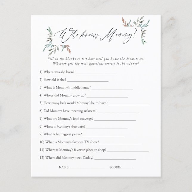 Lámina Greenery Winter Baby Shower Quien mejor conoce a m (Anverso)