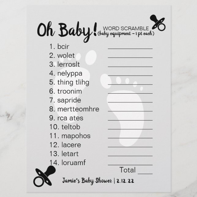 Lámina Gris escramble de Baby Shower Word (Anverso)