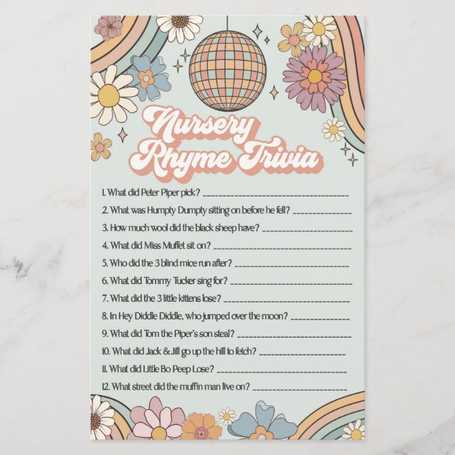 Lámina groovy años 70 juego de ducha de bebé rhyme trivia (Anverso)
