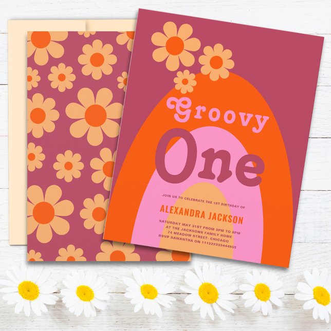 Lámina Groovy One Retro Daisy Arch Primer Fiesta de cumpl (Groovy one retro daisy arch orange pink yellow 1st birthday party budget invitation )