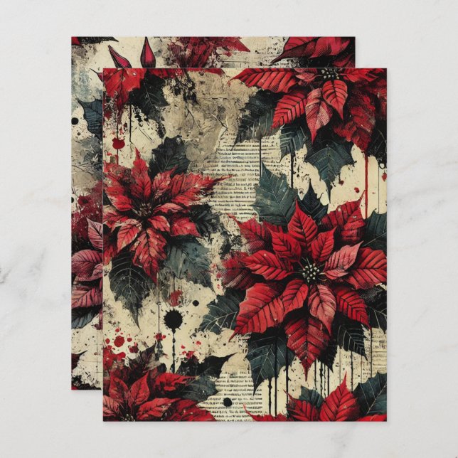 Lámina Grungy Floral Poinsettia Newsprint Scrapbook Paper (Anverso / Reverso)