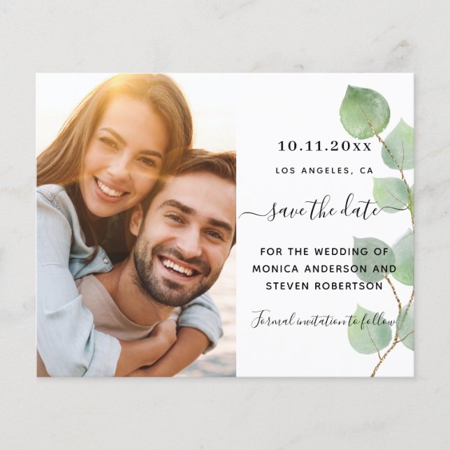Lámina Guardar la fecha boda de fotos de eucalipto verde (Anverso)