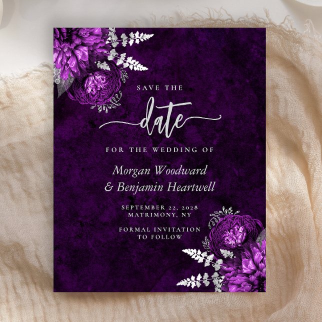 Lámina Guardar la fecha de boda floral morada plateada Pr (Subido por el creador)