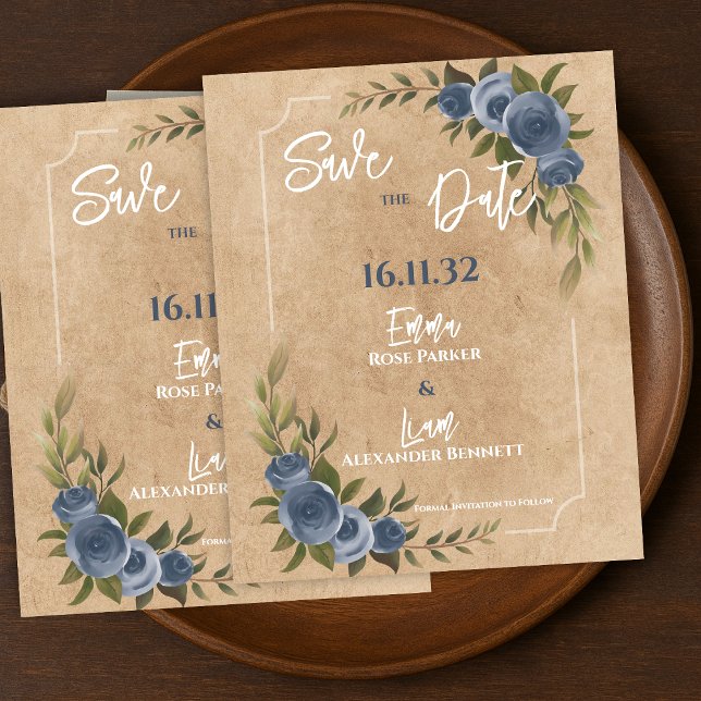 Lámina Guardar la Fecha de Boda Floral Rosa Azul Rústica (Rustic Blue Rose Floral Wedding Save the Date)