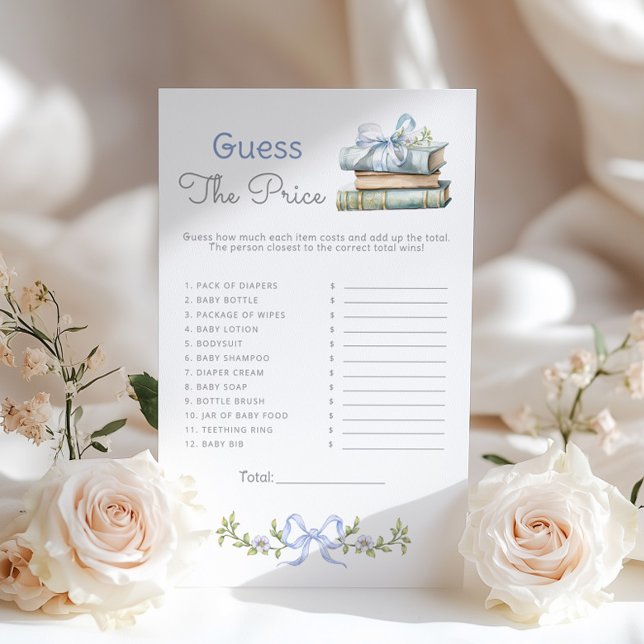 Lámina Guess the price Blue Bow Books baby shower game (Subido por el creador)