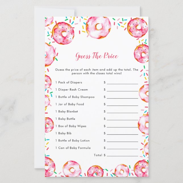 Lámina Guess The Price Donuts Diapers Baby Shower Game (Anverso)