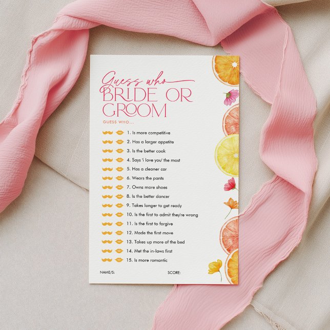 Lámina Guess who Bride or Groom Citrus Bridal Shower Game (Guess Who Bride or Groom? Main Squeeze Citrus Bridal Shower Game)