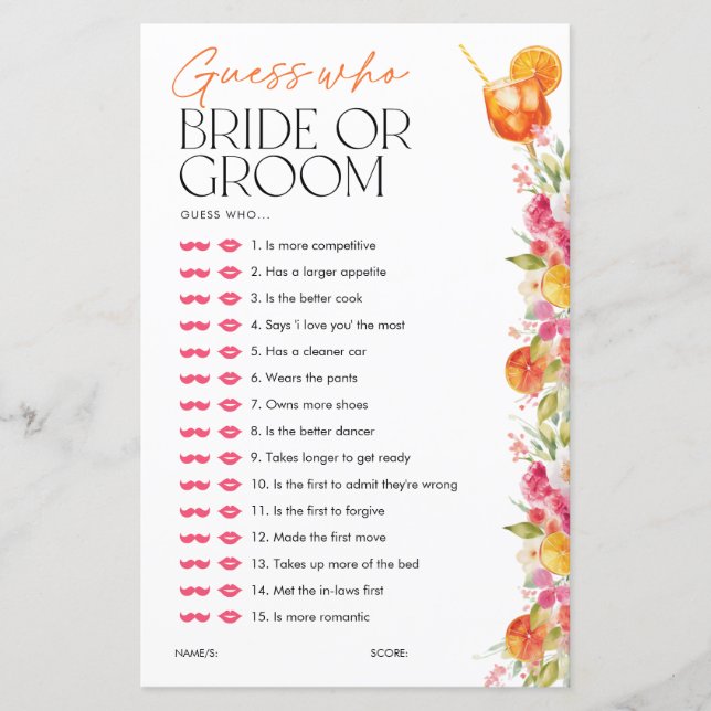 Lámina Guess who Bride or Groom Spritz Bridal Shower Game (Anverso)