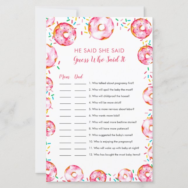 Lámina Guess who Said it Donuts Diapers Baby Shower Game (Anverso)