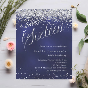 Lámina Guión azul marino plata Sweet 16 Invitación