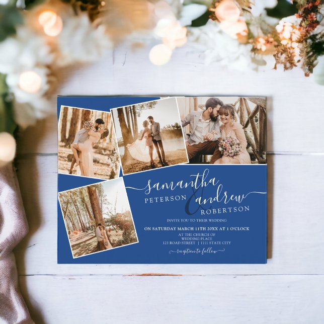 Lámina Guión blanco azul simple 5 fotos presupuesto boda (Simple blue white script 5 photos budget wedding)