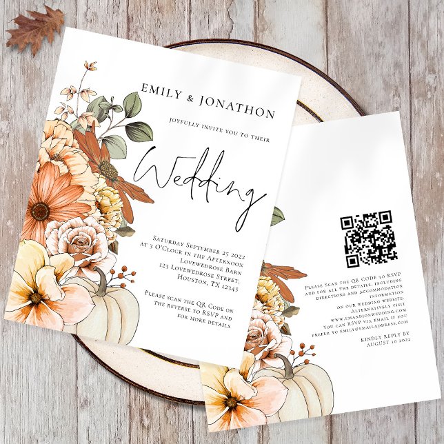 Lámina Guión de calabaza floral presupuesto Invitación a  (Front and back - automatically generate a QR code to your website for your guests to scan to RSVP)