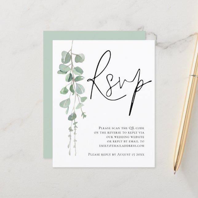Lámina Guión de eucalipto presupuesto Código QR Boda RSVP (Anverso/Reverso In Situ)