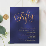 Lámina Guión de oro azul marino 50 cumpleaños invitación<br><div class="desc">Una invitación moderna y de diseño para una fiesta de cumpleaños número 50. Un fondo azul marino, de color desigual y la palabra Fifty escrito con elegantes letras grandes de guión en falso oro. Personalice y agregue un nombre y detalles del fiesta. 1 hoja = 1 borde impreso de invitación...</div>