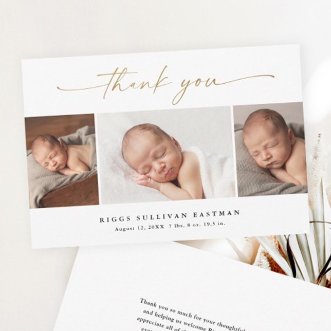 Lámina Guión de presupuesto 3 Anuncio de bebé Foto Agrade (Elegant gold script 3 photo collage baby budget thank you card birth announcement.)