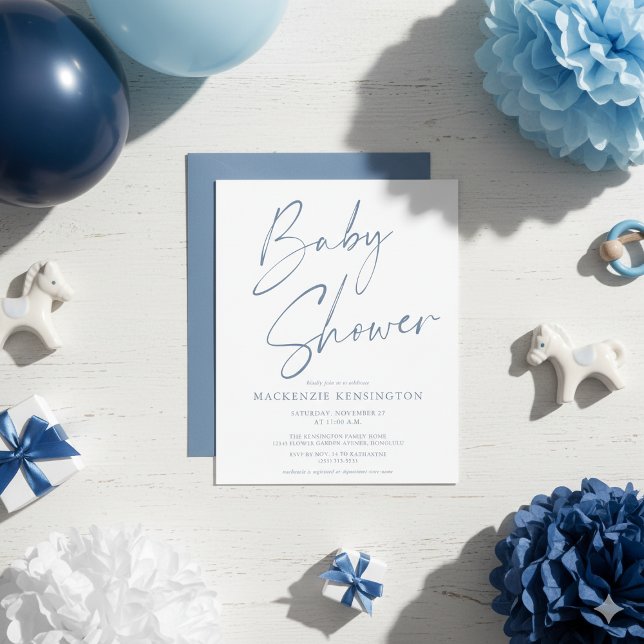 Lámina Guión manuscrito azul agitado para presupuesto Bab (Budget Dusty Blue Handwritten Script Baby Shower Invitations)