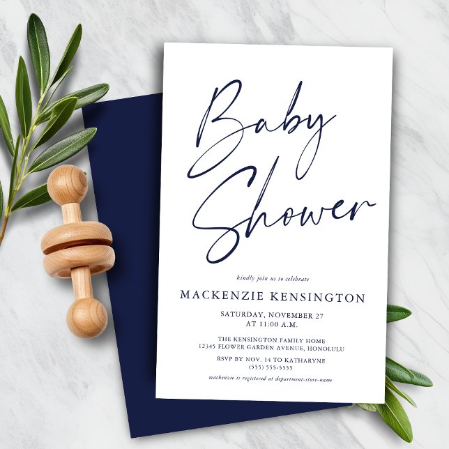 Lámina Guión simple azul de la marina de presupuesto Baby (Budget Navy Blue Simple Script Baby Shower Invite)