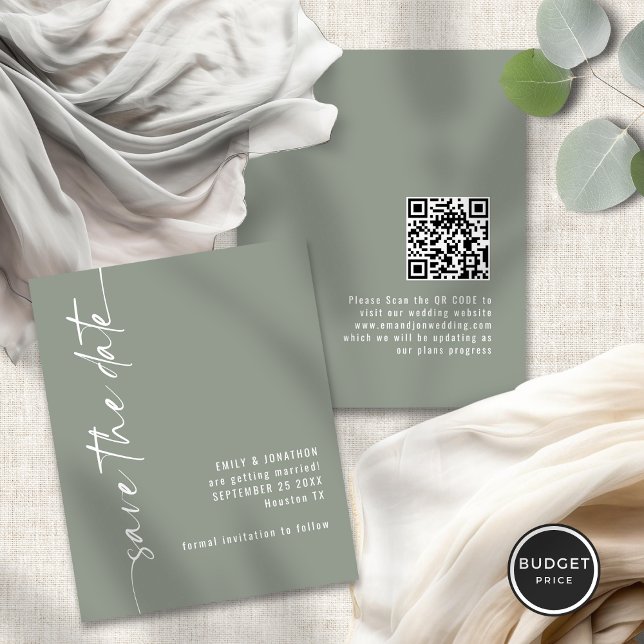 Lámina Guión verde del presupuesto Boda QR Guardar la fec (Front and back view)
