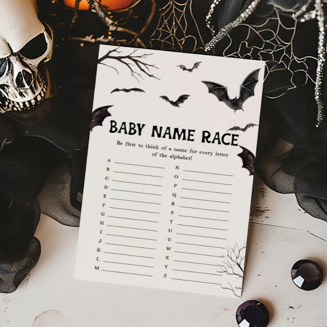 Lámina Halloween Black and White Bats Baby Name Race Game (Black and White Bats Baby Shower Baby Name Race Game)