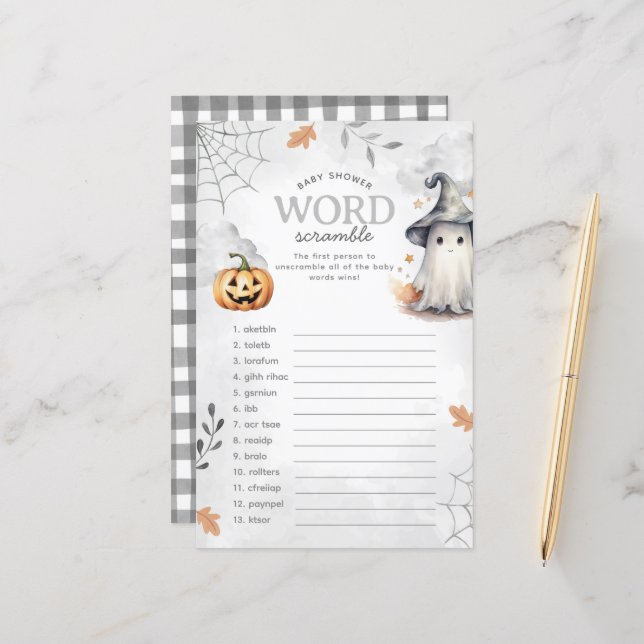 Lámina Halloween Ghost Baby Shower Word Scramble Game (Anverso/Reverso In Situ)