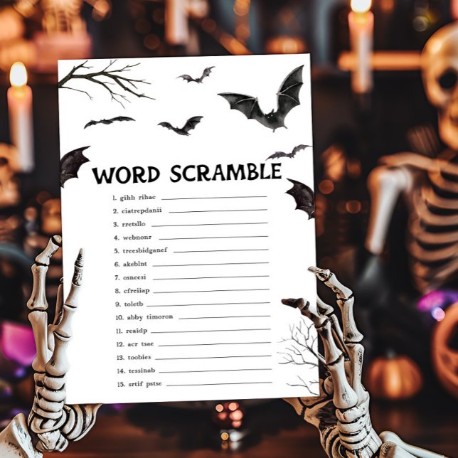 Lámina Halloween Juego de Cramble de Palabras de Murciéla (Black and White Bats Baby Shower Word Scramble Game)