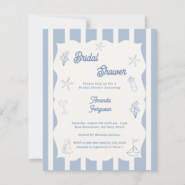 Lámina Hand drawn beach blue Bridal Shower invitation (Anverso)
