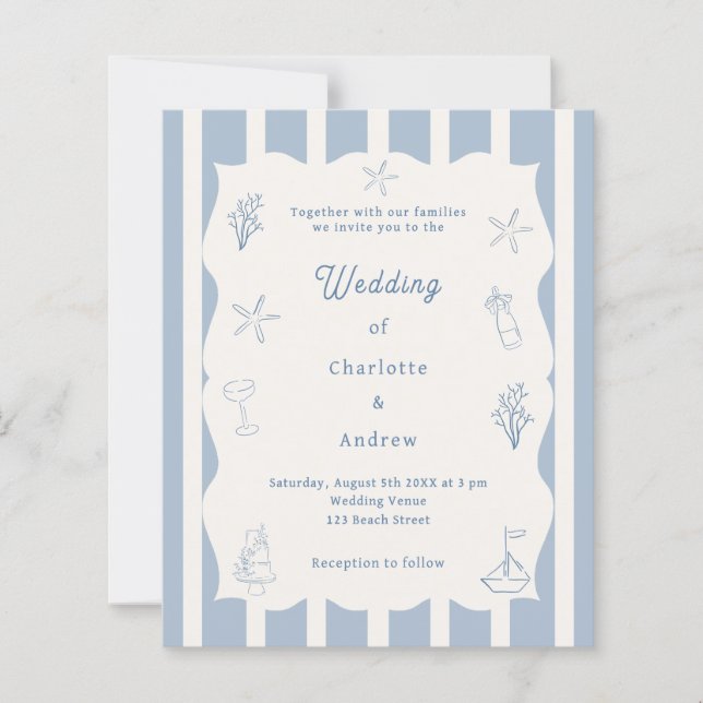 Lámina Hand drawn beach blue ivory wedding invitation (Anverso)