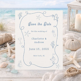 Lámina Hand drawn beach blue ivory wedding Save the Date