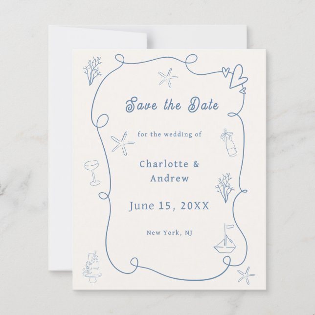 Lámina Hand drawn beach blue ivory wedding Save the Date (Anverso)