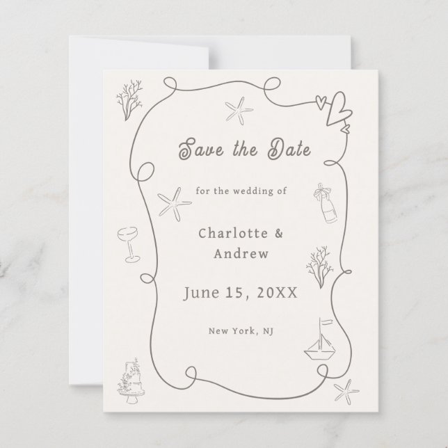 Lámina Hand drawn beach ivory taupe wedding Save the Date (Anverso)