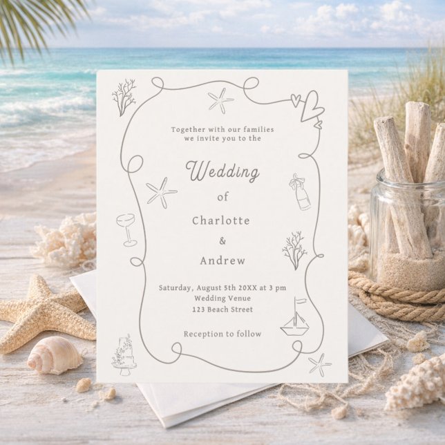 Lámina Hand drawn beach sand ivory wedding invitation (Subido por el creador)