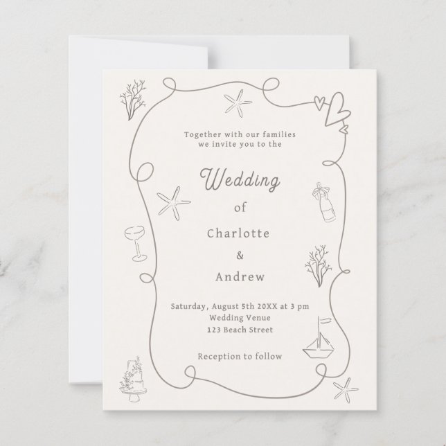 Lámina Hand drawn beach sand ivory wedding invitation (Anverso)