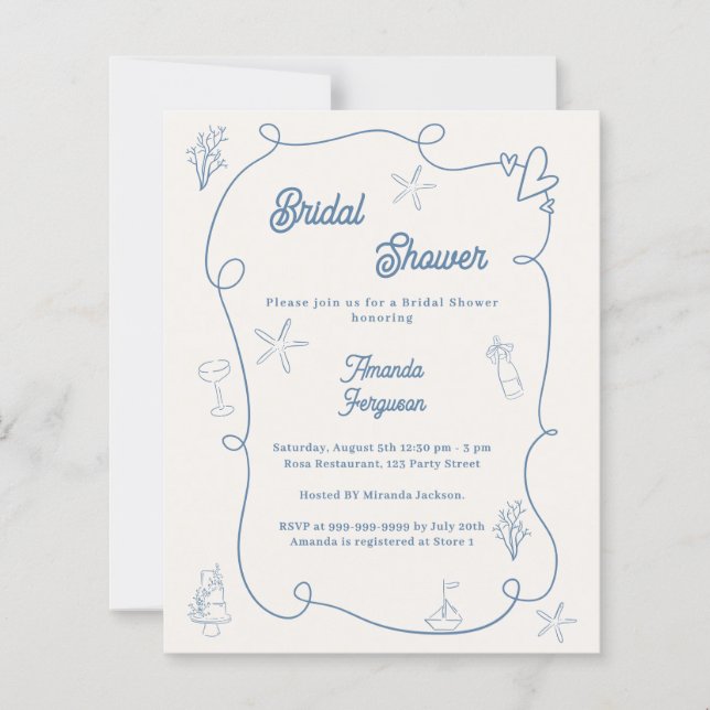 Lámina Hand drawn coastal blue Bridal Shower invitation (Anverso)