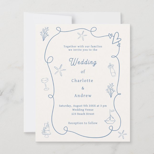 Lámina Hand drawn coastal blue ivory wedding invitation (Anverso)