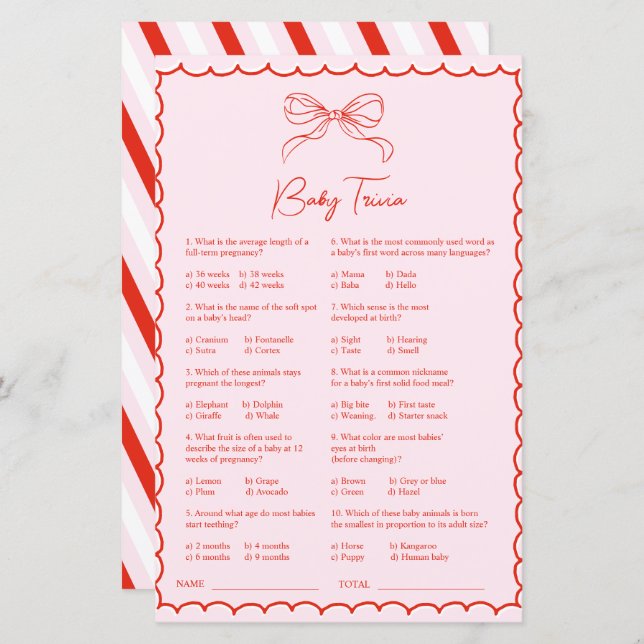 Lámina Hand Drawn Pink Red Baby Trivia Baby Shower Game (Anverso / Reverso)