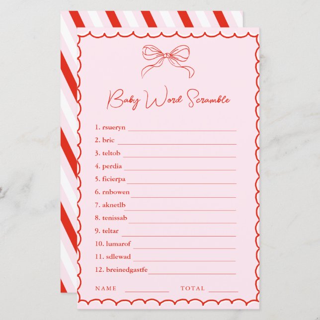 Lámina Hand Drawn Pink Red Word Scramble Baby Shower Game (Anverso / Reverso)