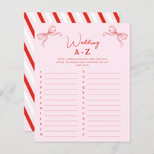 Lámina Hand Drawn Red Bow Wedding A-Z Bridal Shower Game (Anverso / Reverso)