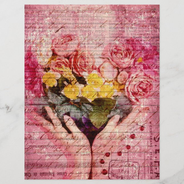 Lámina Hand old handwritting paper and pink  yellow roses (Anverso)