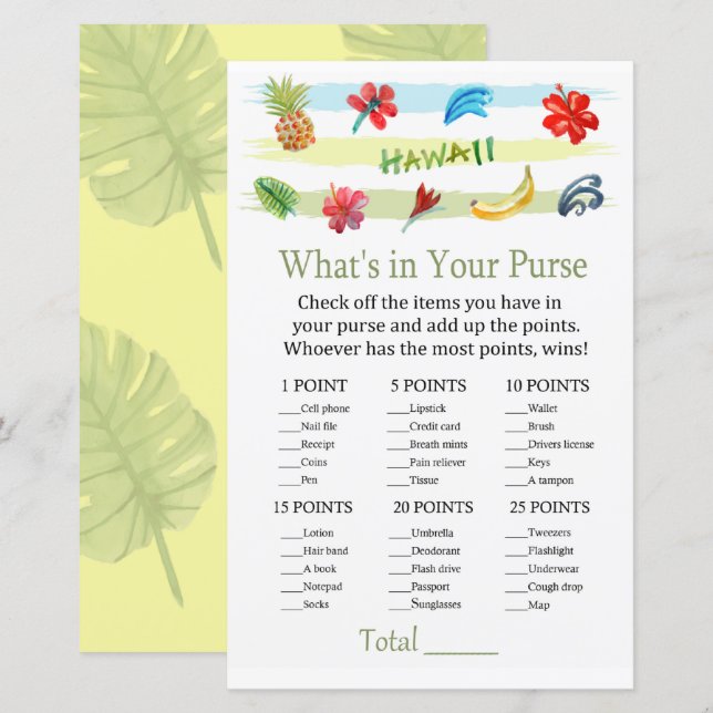 Lámina Hawaii ¿Qué hay en tu juego de bolsos, bebé ducha (Anverso / Reverso)