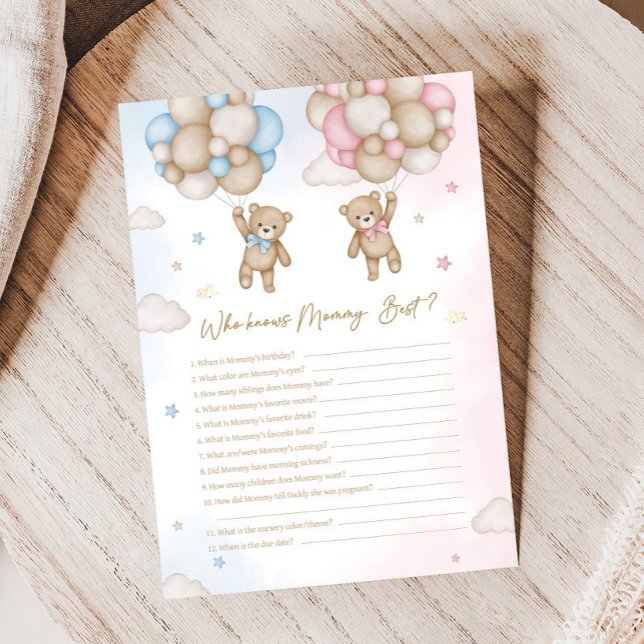 Lámina He or She Bear Gender Reveal Who knows Game (Bear Balloon He or She Gender Reveal Game)