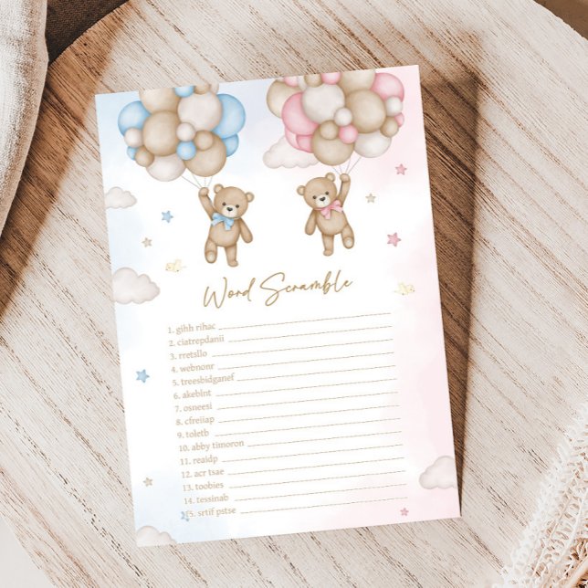Lámina He or She Bear Gender Reveal Word Scramble Game (Bear Balloon He or She Gender Reveal Game)