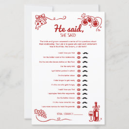 Lámina He Said She Said Amore Wedding Party Activity Card