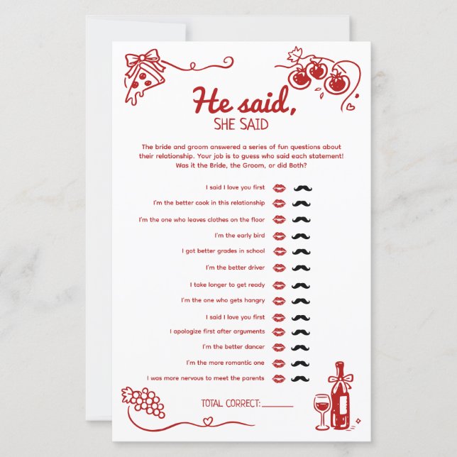 Lámina He Said She Said Amore Wedding Party Activity Card (Anverso)