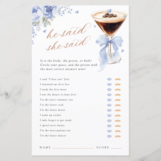 Lámina He Said She Said Blue Bow Bridal Shower Game (Anverso)