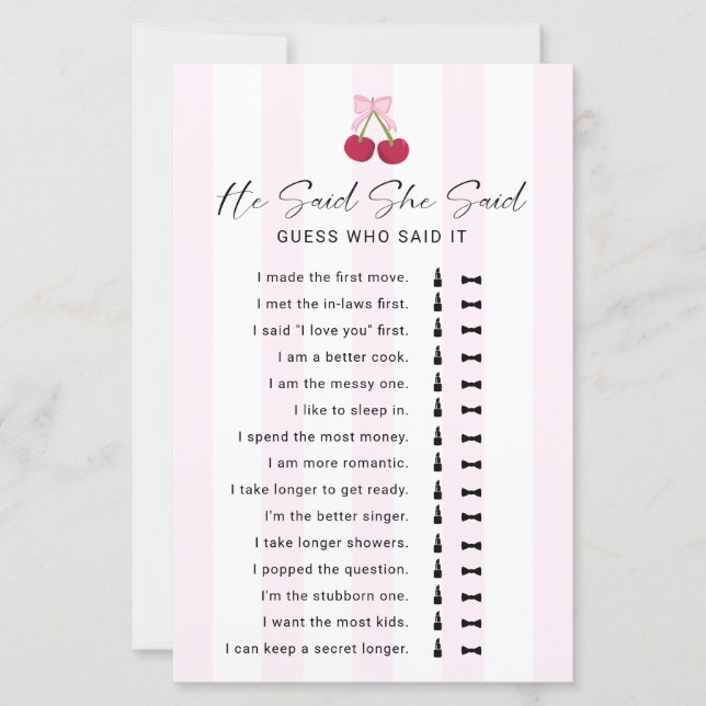 Lámina He Said She Said Bridal Shower Game Coquette (Anverso)