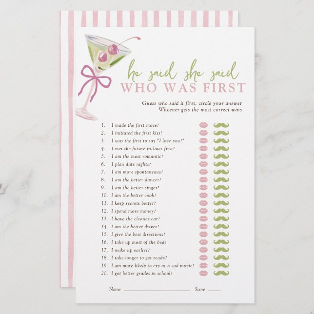 Lámina He Said She Said Chic Martini Bridal Game (Anverso / Reverso)