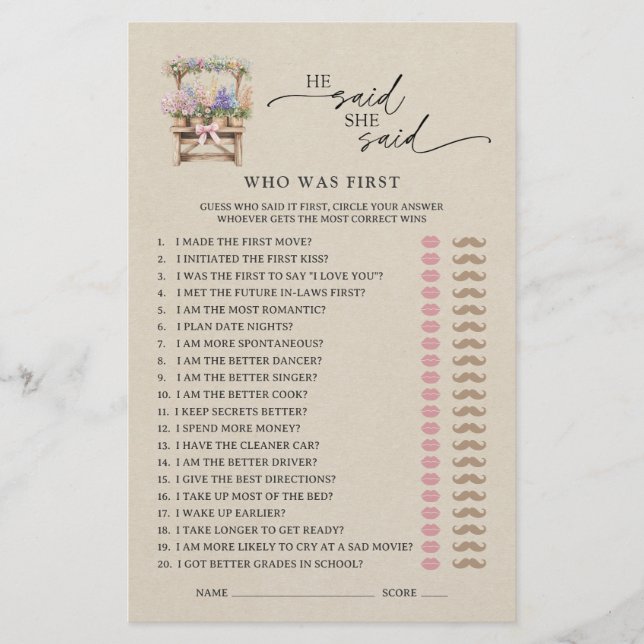 Lámina He Said She Said Farmers Market Bridal Shower Game (Anverso)