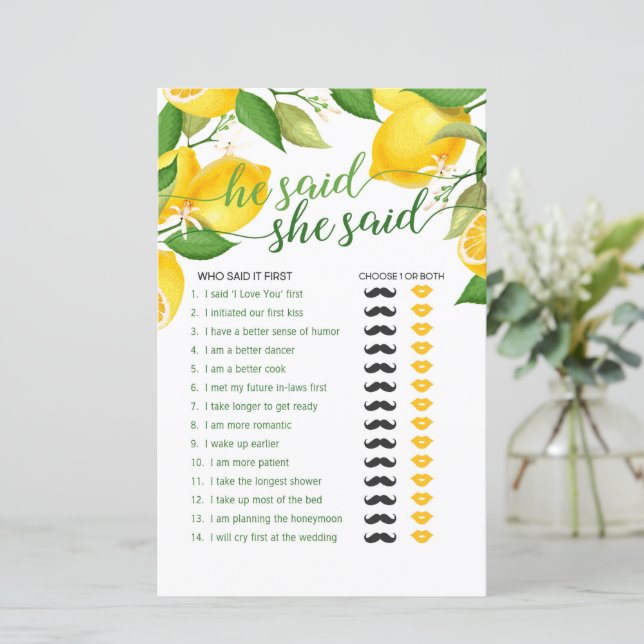 Lámina He Said She Said Juego - Limón (Anverso de pie)