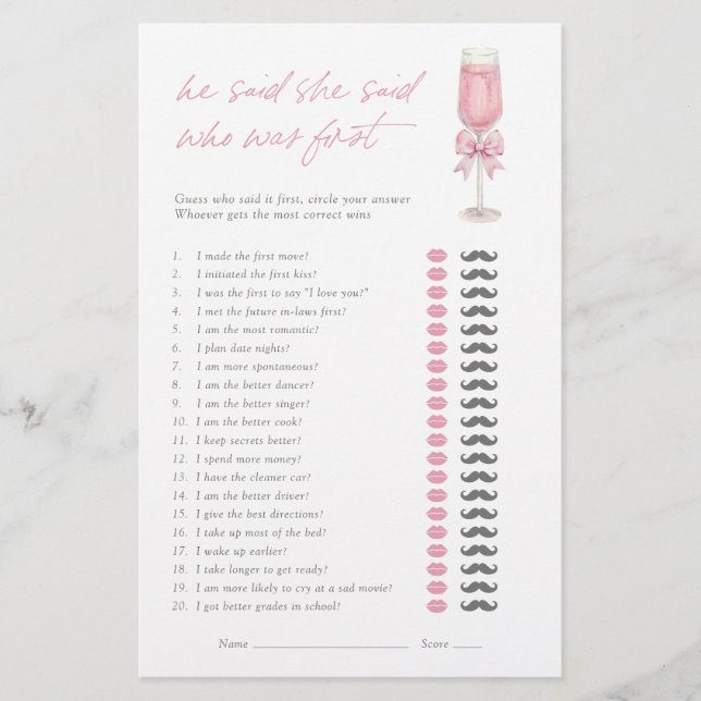 Lámina He Said She Said Pink Champagne Bow Bridal Game (Anverso)